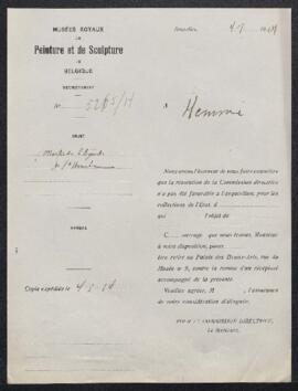 Lettre du Musée refusant le tableau donné au Maître de la Légende de sainte Ursule offert en vent...