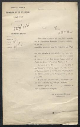 Dossier concernant un tableau ancien offert en vente par Mr G. Parijs (Molenbeek-Saint-Jean). — S...